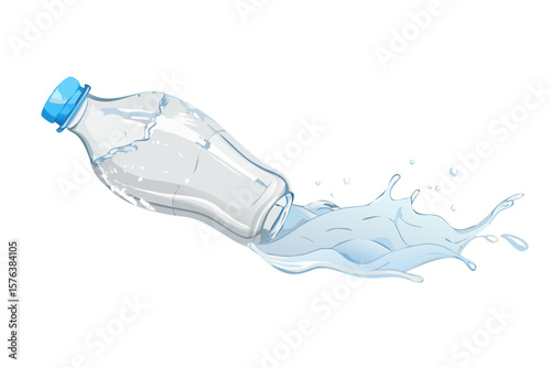 Clear plastic bottle tipped over spilling white liquid and splashing water
