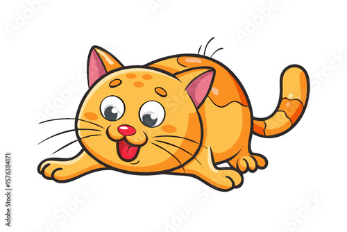 Cute cartoon orange cat with big eyes and tongue sticking out playing
