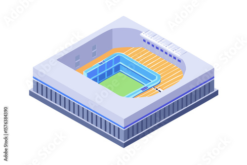Modern isometric stadium with green field and blue seating area