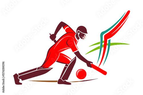 Stylized illustration of a cricket player hitting a ball with abstract colorful streaks