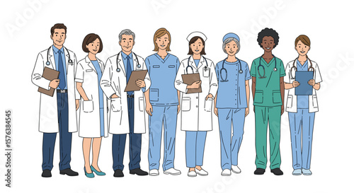 A diverse group of healthcare professionals standing together ready to provide care