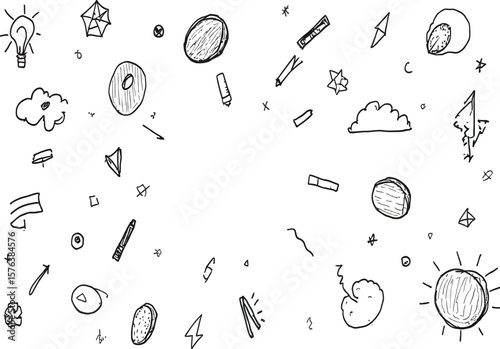 Hand-drawn doodle icons including arrows, light bulbs, gears, and shapes for brainstorming, education, and creative visual identity themes 