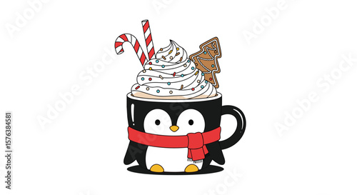 Adorable penguin mug decorated with whipped cream candy canes and festive toppings for holiday cheer