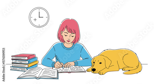 Illustrating a tired person working late at night with a loyal dog companion providing comfort and support