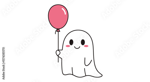 Adorable little ghost holding a pink balloon with happy smiling face and blushing cheeks a cute spooky friend