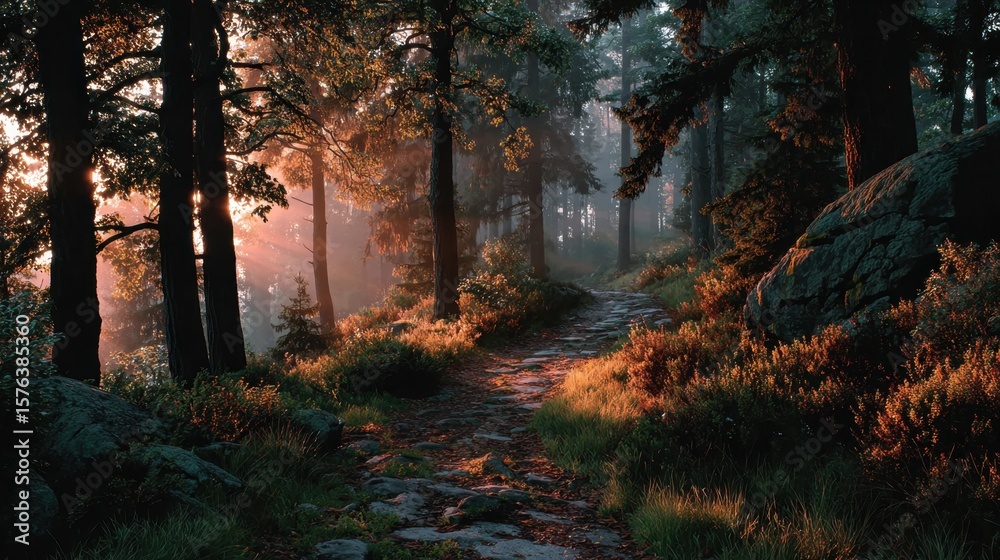 Obraz premium Sunlit Pathway Through the Forest