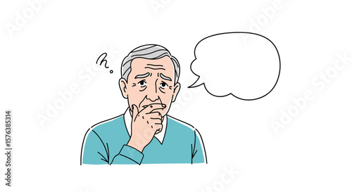 An elderly man is deep in thought with a question mark above his head and an empty speech bubble nearby