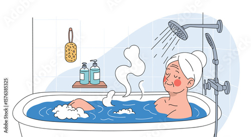 Relaxing evening bath with steam and towel wrapped hair for a peaceful home spa experience