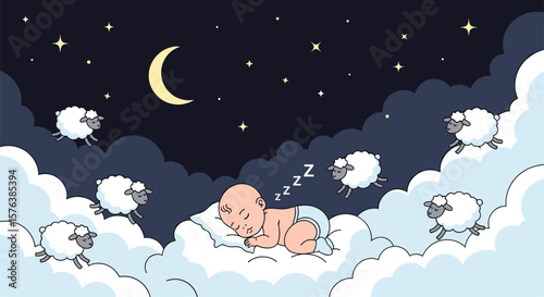 Sweet dreams little one sleeping soundly surrounded by fluffy clouds and jumping sheep under a starry sky