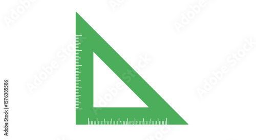 A green triangular ruler with measuring scales for geometric calculations and drafting projects in educational settings