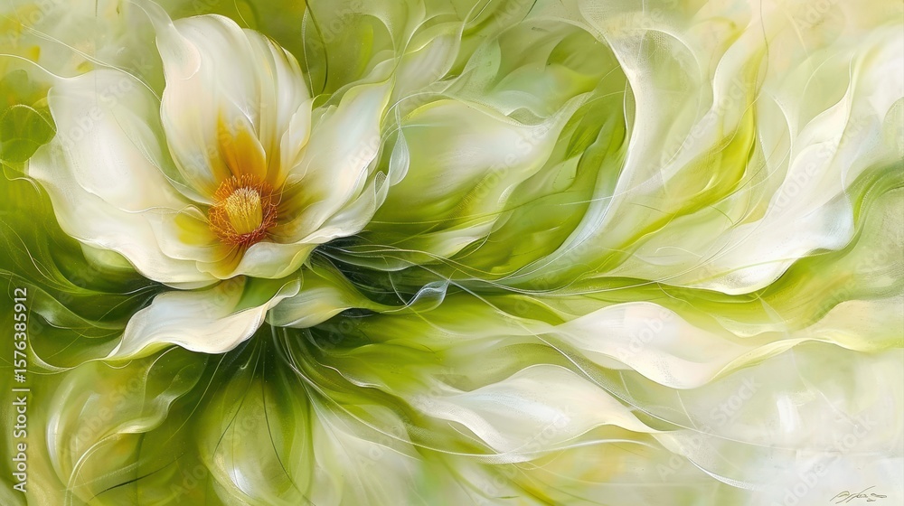 Fototapeta premium Abstract floral illustration featuring a delicate white flower with vibrant green swirling background