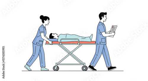 Medical professionals transporting a patient on a stretcher to the hospital for treatment and care