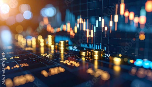 Wallpaper Mural Financial Trading: A close-up view of a dynamic financial chart overlaid with gold coins, representing growth and financial stability, with data visualisations Torontodigital.ca