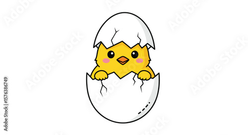 Cute baby chick hatching from a cracked eggshell in a whimsical illustration