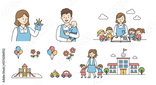 Captivating illustrations depicting childcare professionals nurturing young children in various educational settings and recreational activities