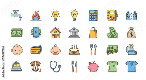 A collection of pixel art icons representing various aspects of daily life and finance