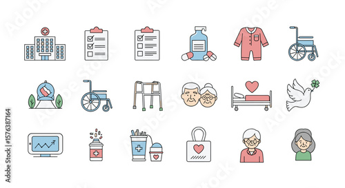Collection of caring and health related icons representing elderly people and medical services