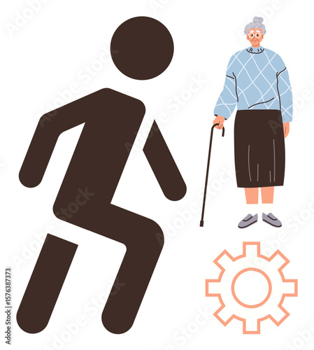 Elderly woman with cane, mobility icon, and gear symbolizing support, senior care, rehab, healthcare planning. Ideal for aging, medical services, independence assistance innovation caregiving