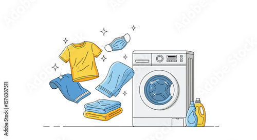 Modern automatic washing machine cleaning clothes and laundry accessories for a fresh and clean household