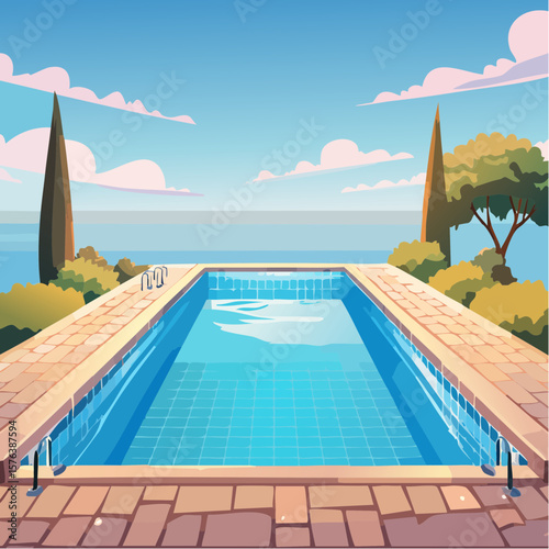 Swimming pool with clear blue water surrounded by stone tile deck