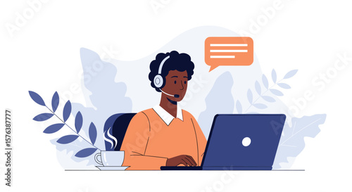Professional customer service representative wearing a headset and interacting with a client through a laptop computer