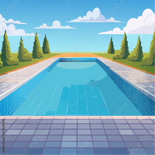 Swimming pool with clear blue water surrounded by stone tile deck