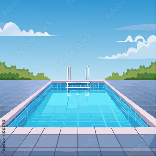 Swimming pool with clear blue water surrounded by stone tile deck