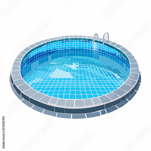 Swimming pool with clear blue water surrounded by stone tile deck