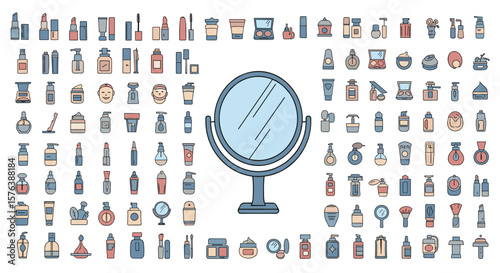 A large collection of pixel art beauty and cosmetic product illustrations displayed around a central mirror