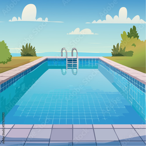 Swimming pool with clear blue water surrounded by stone tile deck