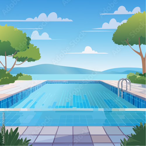 Swimming pool with clear blue water surrounded by stone tile deck