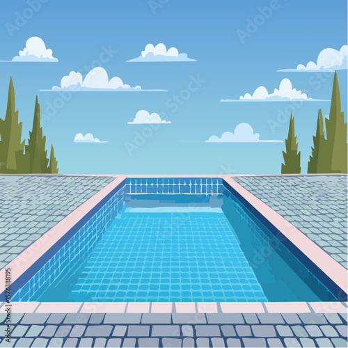 Swimming pool with clear blue water surrounded by stone tile deck