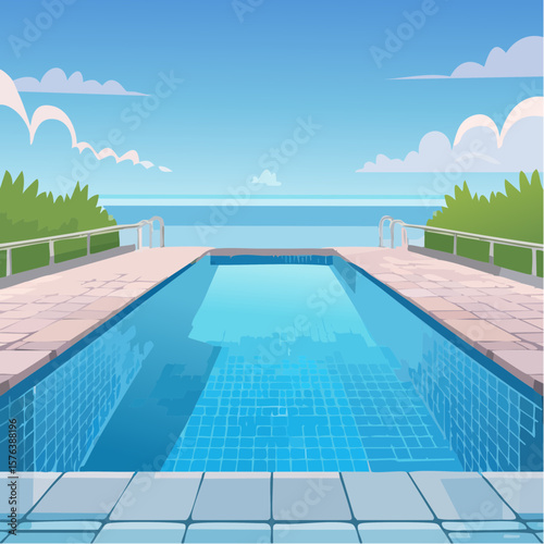 Swimming pool with clear blue water surrounded by stone tile deck