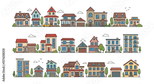 Collection of diverse residential houses and buildings in a stylized pixel art design