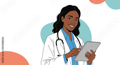 A skilled and friendly doctor holds a tablet in her hands while smiling confidently at the camera surrounded by soft shapes representing good health and care