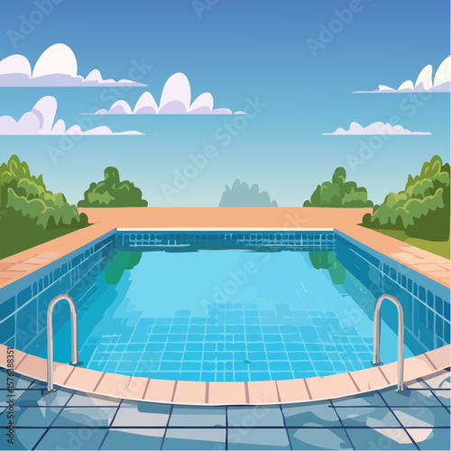 Swimming pool with clear blue water surrounded by stone tile deck