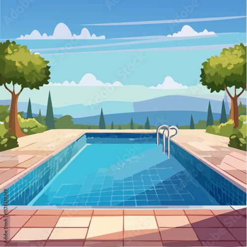 Swimming pool with clear blue water surrounded by stone tile deck