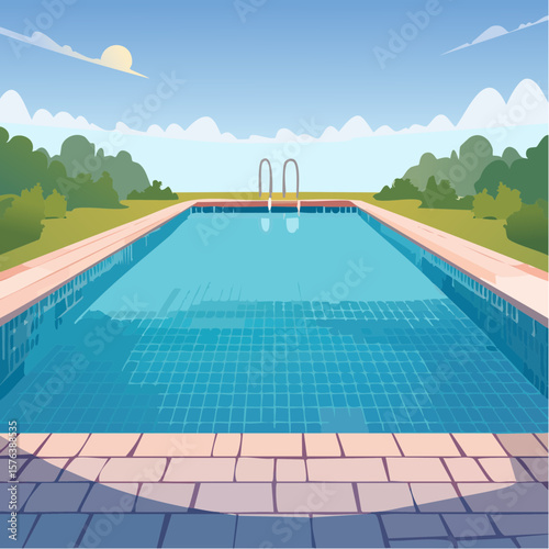 Swimming pool with clear blue water surrounded by stone tile deck