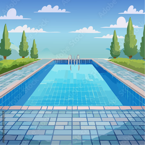 Swimming pool with clear blue water surrounded by stone tile deck