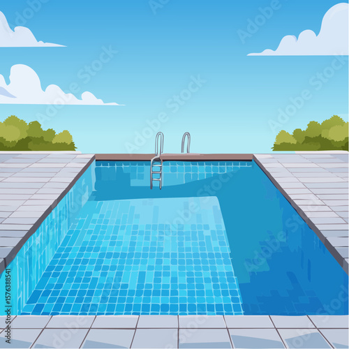 Swimming pool with clear blue water surrounded by stone tile deck