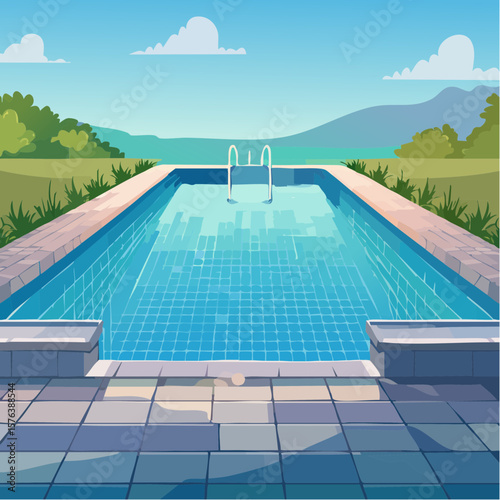 Swimming pool with clear blue water surrounded by stone tile deck