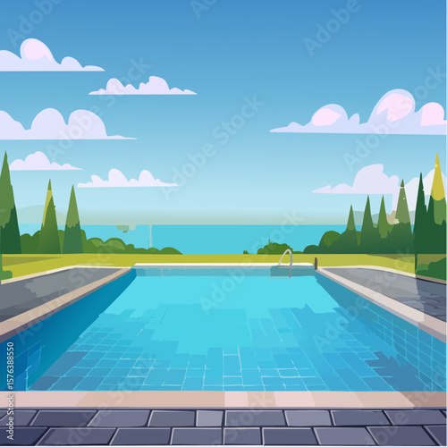 Swimming pool with clear blue water surrounded by stone tile deck