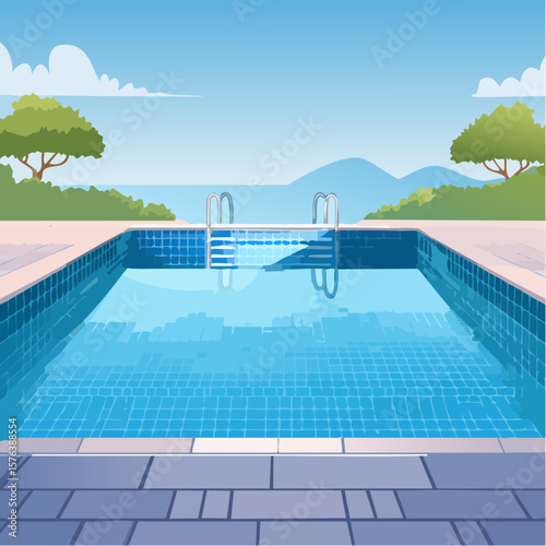 Swimming pool with clear blue water surrounded by stone tile deck