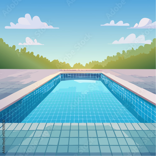 Swimming pool with clear blue water surrounded by stone tile deck