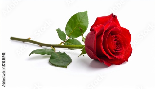 Fototapeta Naklejka Na Ścianę i Meble -  Rosa roja abierta con pétalos en espiral acompañada de hoja verde mostrando una composición floral clásica y romántica