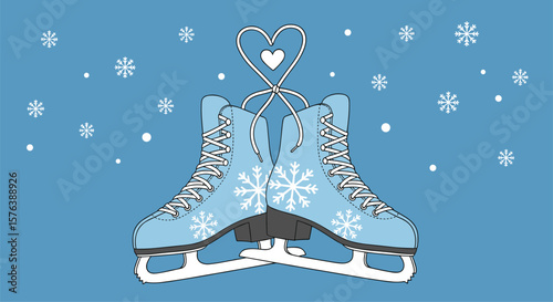 Beautifully decorated ice skates tied together with a heart symbol adorned with falling snowflakes on a blue background