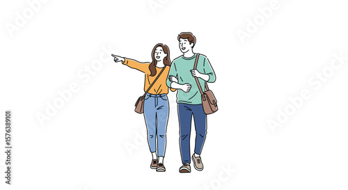 Young couple walking together exploring the outdoors pointing towards the distance on a sunny day