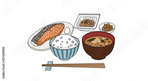 A delicious and nutritious japanese breakfast featuring grilled salmon steamed rice miso soup and fermented soybeans