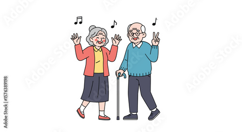 Joyful elderly couple dancing with music notes above their heads happily enjoying their retirement lifestyle