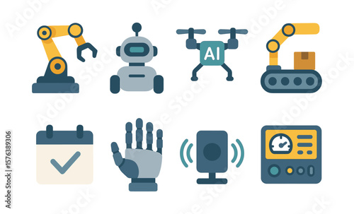Robotics icon set featuring ai, robotic arm, and drone for technological design and innovation projects